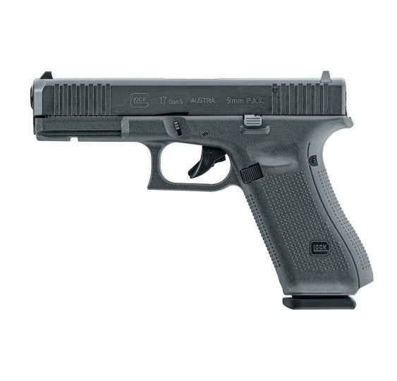 Glock 17 Gen.5 Schreckschusspistole 9mm P.A.K., rechte Seitenansicht vor weißem Hintergrund