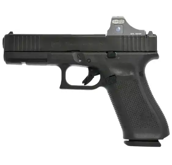 Glock 17 Gen5 MOS 9mm Pistole in Schwarz rechte Seitenansicht mit montiertem Minileuchtpunktvisier vor weißem Hintergrund