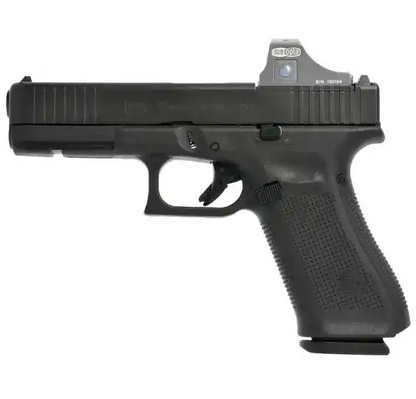 Glock 17 Gen5 MOS 9mm Pistole in Schwarz rechte Seitenansicht mit montiertem Minileuchtpunktvisier vor weißem Hintergrund