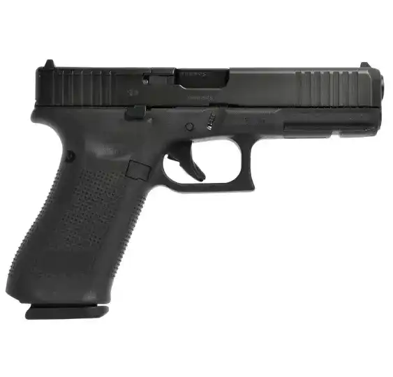 Glock 17 Gen5 MOS 9mm Pistole in Schwarz rechte Seitenansicht ohne Optik vor weißem Hintergrund