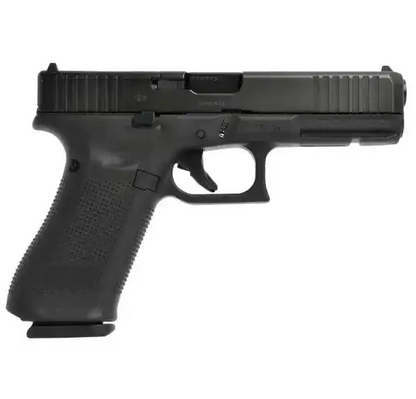 Glock 17 Gen5 MOS 9mm Pistole in Schwarz rechte Seitenansicht ohne Optik vor weißem Hintergrund