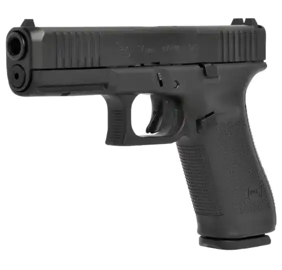 Glock 17 Gen5 MOS 9mm Pistole in Schwarz schräge Seitenansicht vor weißem Hintergrund
