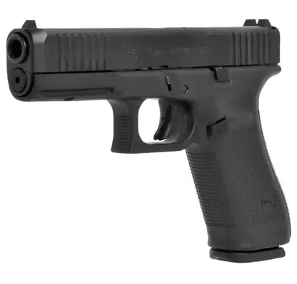 Glock 17 Gen5 MOS 9mm Pistole in Schwarz schräge Seitenansicht vor weißem Hintergrund