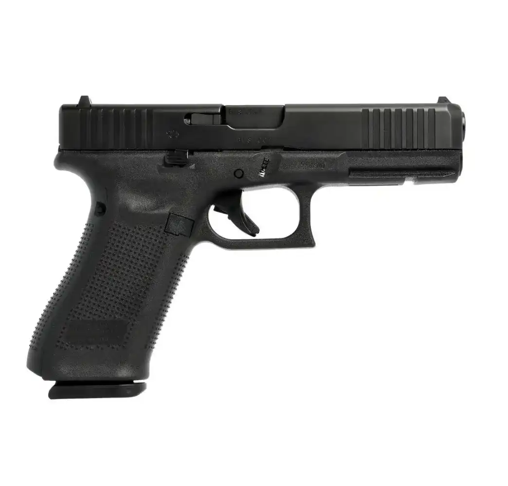 Glock 17 Gen5 schwarze 9mm Pistole in linker Seitenansicht vor weißem Hintergrund