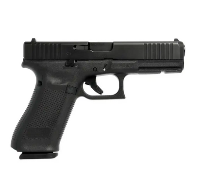 Glock 17 Gen5 schwarze 9mm Pistole in linker Seitenansicht vor weißem Hintergrund