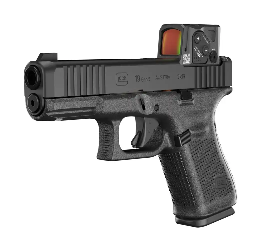 glock 19 gen5 mos fs a cut combo 9mm pistole mit aimpoint coa minileuchtpunktvisier in seitenansicht vor weißem hintergrund
