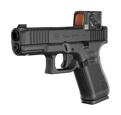 glock 19 gen5 mos fs a cut combo 9mm pistole mit aimpoint coa minileuchtpunktvisier in seitenansicht vor weißem hintergrund