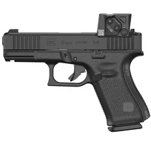 glock 19 gen5 mos fs a cut combo 9mm pistole mit aimpoint coa minileuchtpunktvisier in linker seitenansicht vor weißem hintergrund