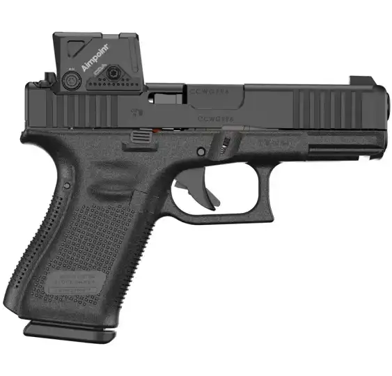 glock 19 gen5 mos fs a cut combo 9mm pistole mit aimpoint coa minileuchtpunktvisier in rechter seitenansicht vor weißem hintergrund