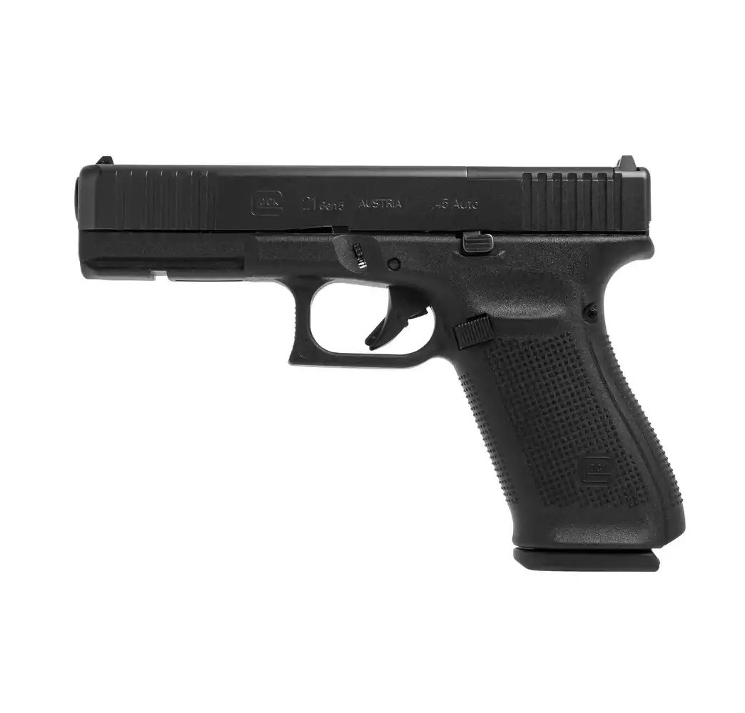 Glock 21 Gen5 MOS Pistole in 45 ACP rechte Seitenansicht vor weißem Hintergrund