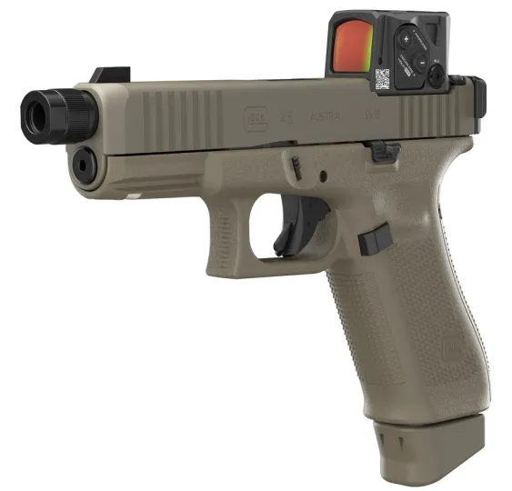 Glock 45 Gen5 Hunter Combo, schräge 3D-Ansicht mit Gewindelauf, Aimpoint COA und Gen5-Marksman-Lauf