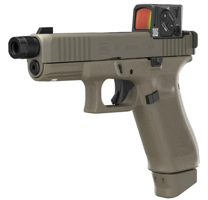 Glock 45 Gen5 Hunter Combo, schräge 3D-Ansicht mit Gewindelauf, Aimpoint COA und Gen5-Marksman-Lauf