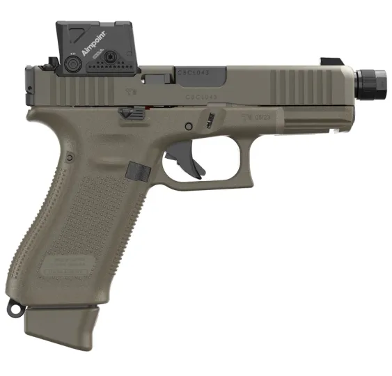 Glock 45 Gen5 Hunter Combo Cerakote Green, rechte Seitenansicht mit A-CUT Montageplatte und Aimpoint COA