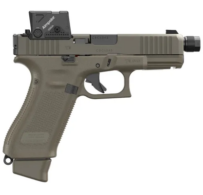 Glock 45 Gen5 Hunter Combo Cerakote Green, rechte Seitenansicht mit A-CUT Montageplatte und Aimpoint COA