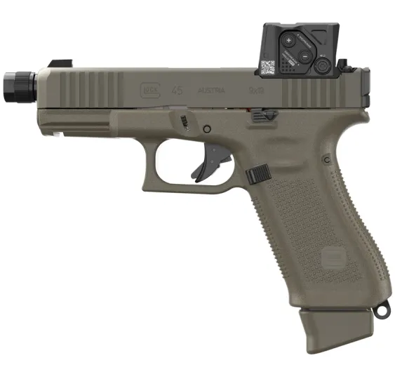 Glock 45 Gen5 Hunter Combo Olivgrün, linke Seitenansicht mit Gewindelauf M13,5x1 LH und Aimpoint COA Rotpunktvisier