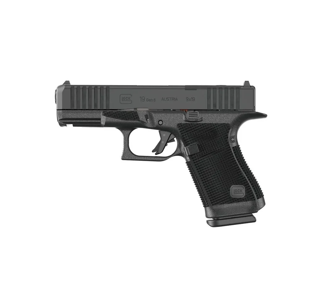 Glock 19 Gen6 OR Compakt linke Seitenansicht mit RTF6-Grifftextur und Optic Ready Slide