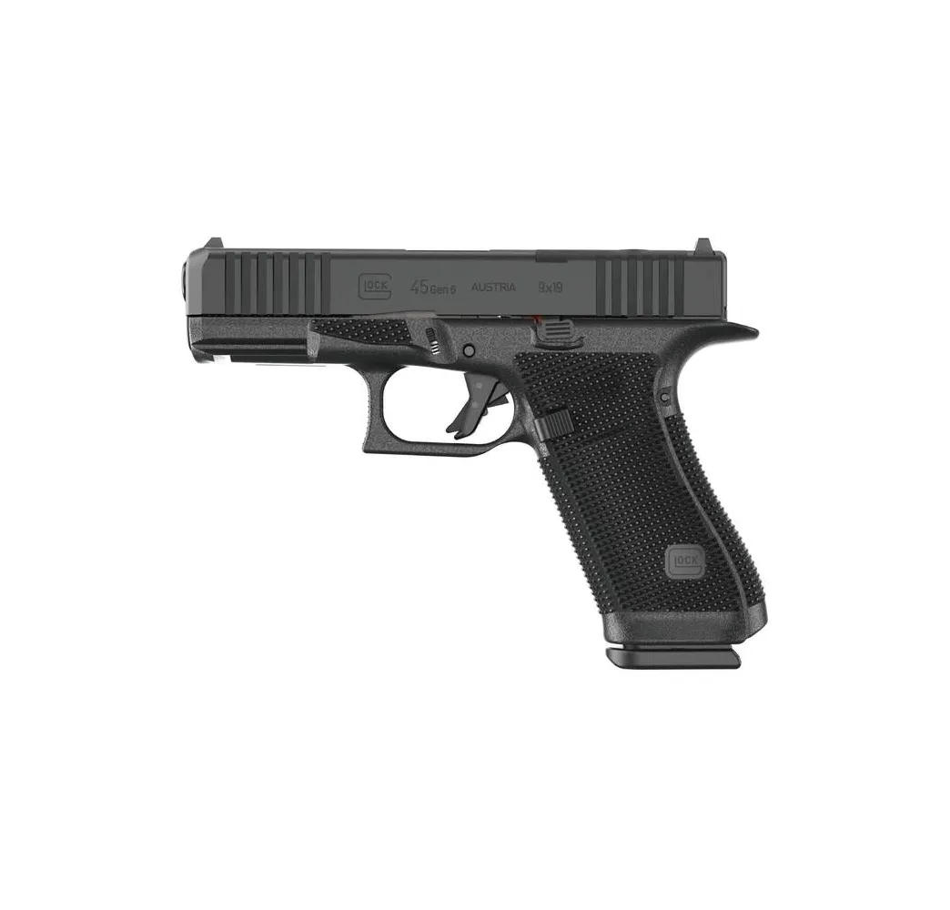 Glock 45 Gen6 OR 9mm Crossover-Pistole mit RTF6-Grifftextur, linke Seitenansicht vor weissem Hintergrund