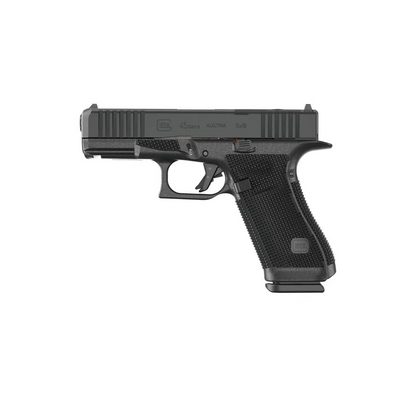 Glock 45 Gen6 OR 9mm Crossover-Pistole mit RTF6-Grifftextur, linke Seitenansicht vor weissem Hintergrund