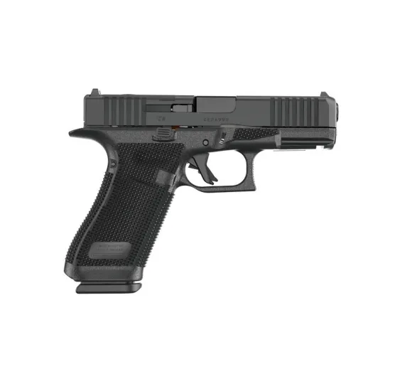 Glock 45 Gen6 OR 9mm Pistole in Schwarz, rechte Seitenansicht vor weissem Hintergrund