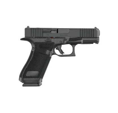 Glock 45 Gen6 OR 9mm Pistole in Schwarz, rechte Seitenansicht vor weissem Hintergrund