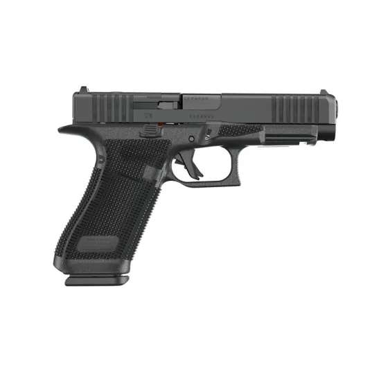 Glock 17 Gen6 OR 9mm Pistole in Schwarz, linke Seitenansicht vor weißem Hintergrund