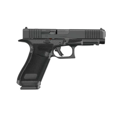 Glock 17 Gen6 OR 9mm Pistole in Schwarz, linke Seitenansicht vor weißem Hintergrund