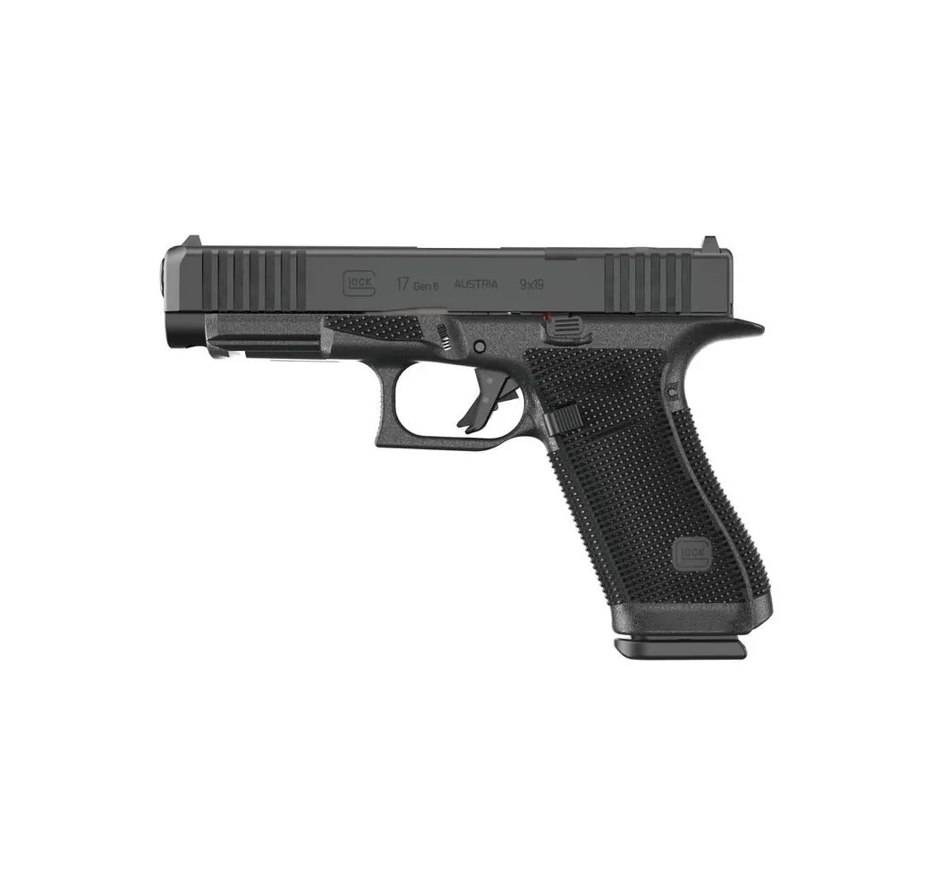Glock 17 Gen6 OR 9mm Full-Size-Pistole mit RTF6-Grifftextur, rechte Seitenansicht vor weißem Hintergrund