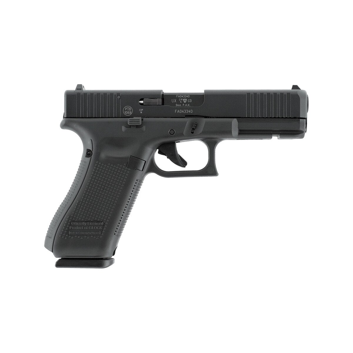 Glock 17 Gen5 Schreckschusspistole 9 mm P.A.K. in der rechten Seitenansicht mit PTB-Zeichen auf dem Schlitten