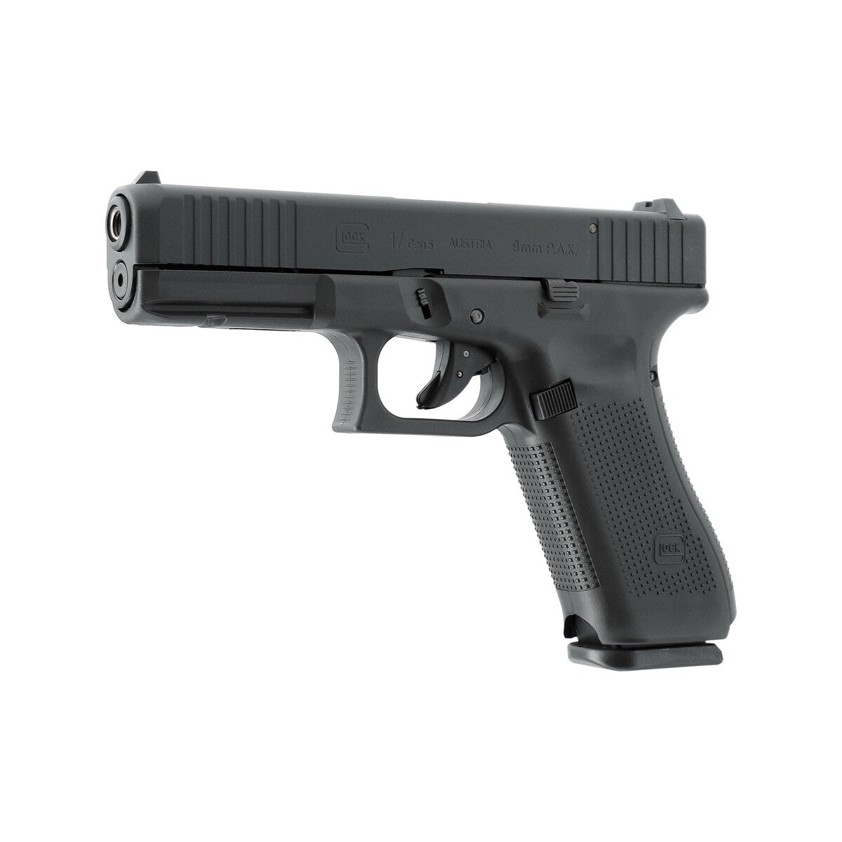 Glock 17 Gen5 Schreckschusspistole 9 mm P.A.K. von links mit Schlittenfanghebel, Magazinhalter und Montageschiene