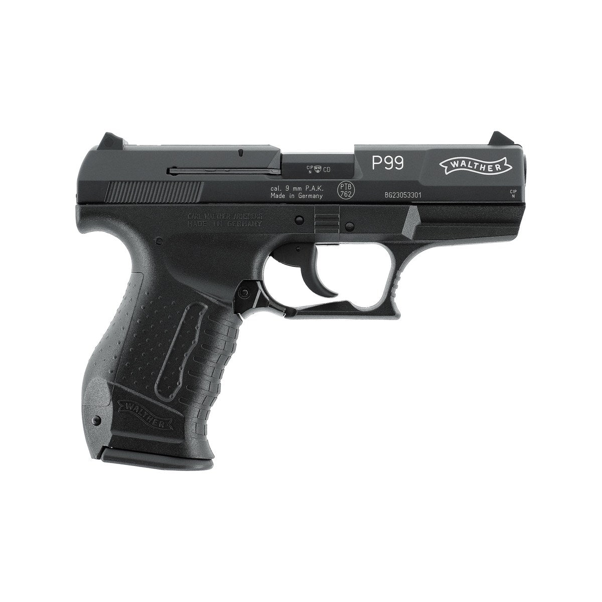 Walther P99 Schreckschusspistole 9 mm P.A.K. in Schwarz, rechte Seite mit PTB-Zeichen 762 und Kaliberangabe auf dem Schlitten