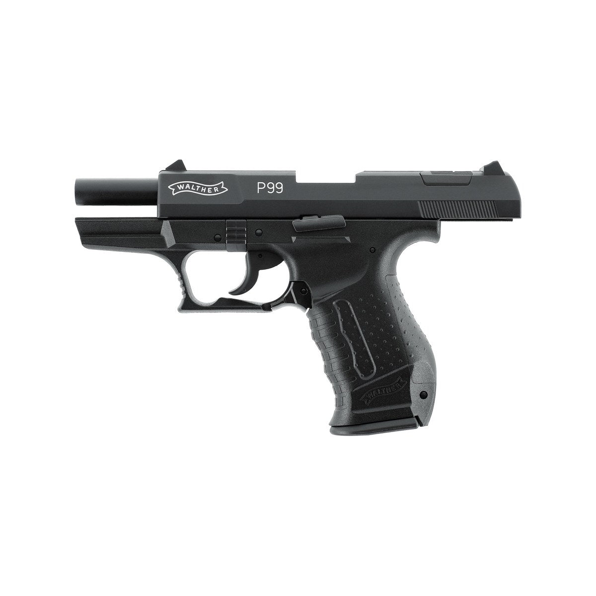 Walther P99 9 mm P.A.K. in Schwarz, linke Seite mit Schlitten in hinterer Position nach dem letzten Schuss