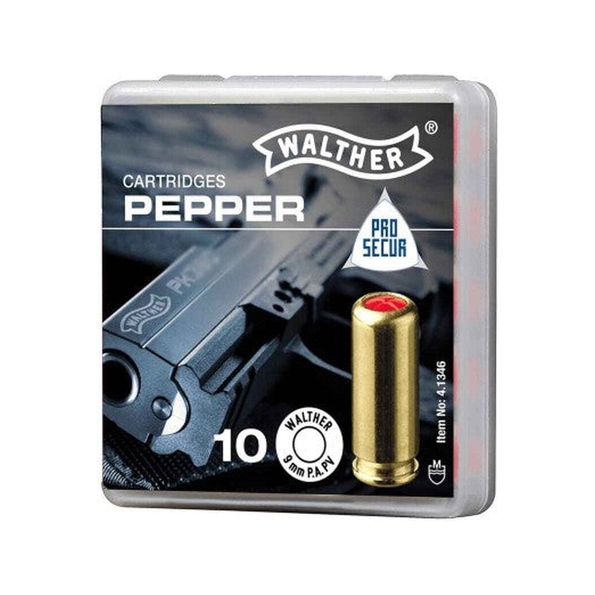 Walther Pfefferpatronen 9 mm P.A. PV, Schachtel mit 10 Patronen und Artikelnummer 4.1346