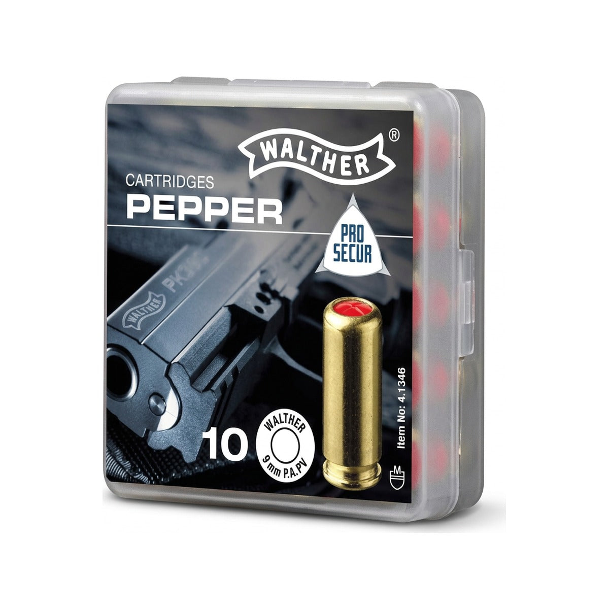Walther Pfefferpatronen 9 mm P.A. PV, Schachtel mit 10 Patronen von der Seite (Symbolbild, mit KI erstellt)