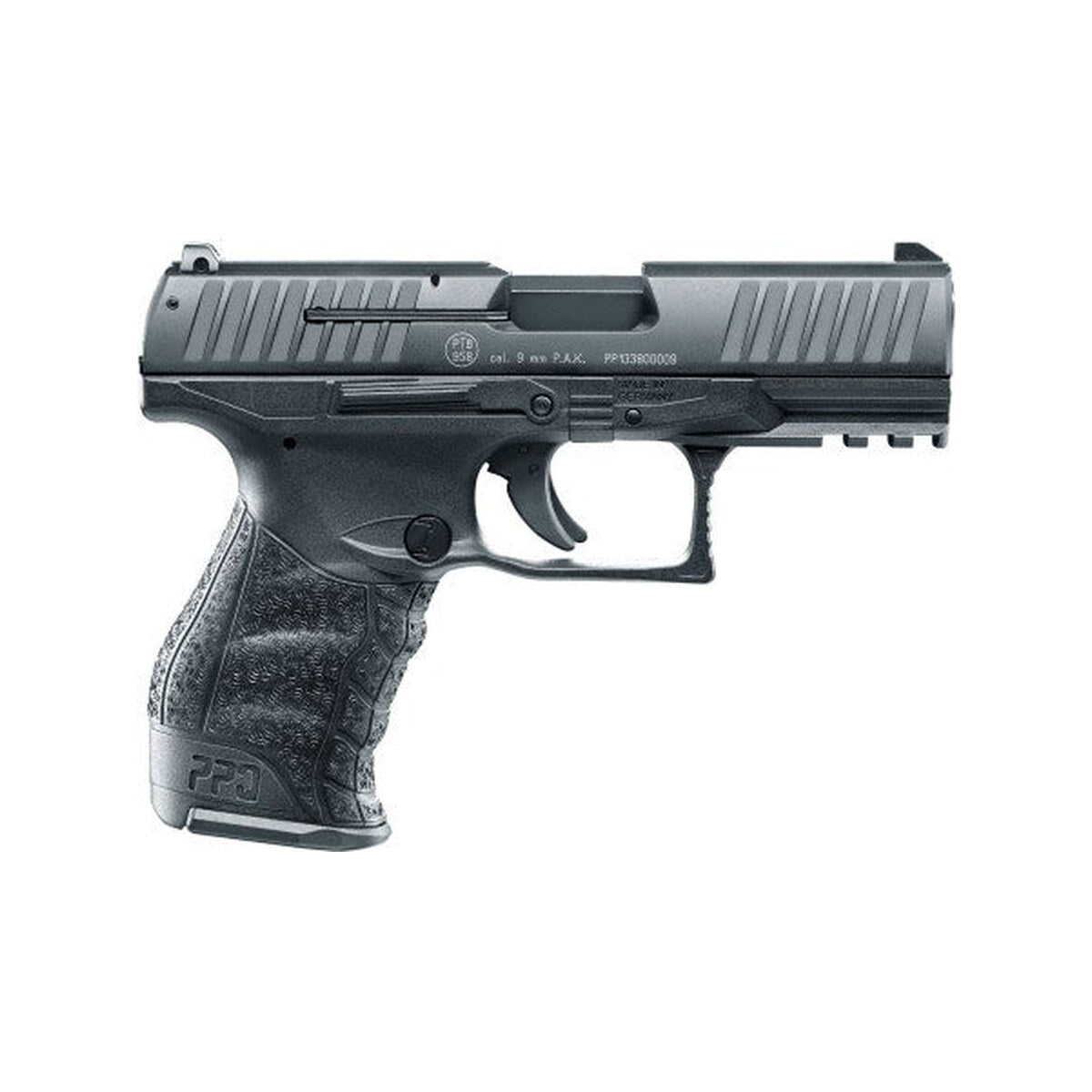 Walther PPQ M2 Schreckschusspistole 9 mm P.A.K., rechte Seitenansicht mit PTB-Zeichen
