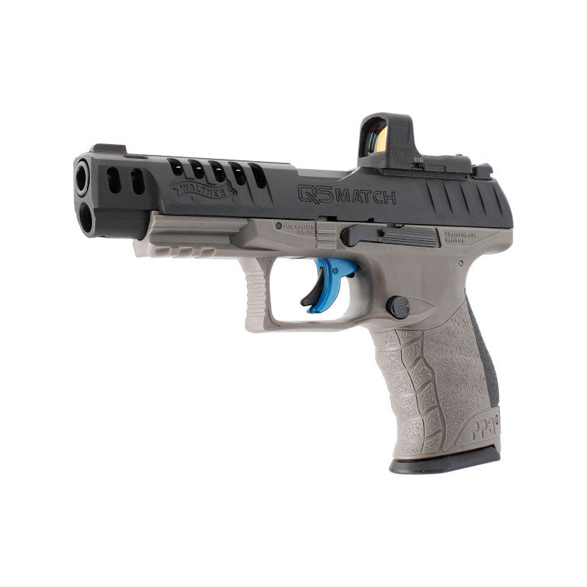 Walther Q5 Match Combo 5" CO2-Pistole 4,5 mm Diabolo, schräg von links mit montiertem Umarex RDS 8