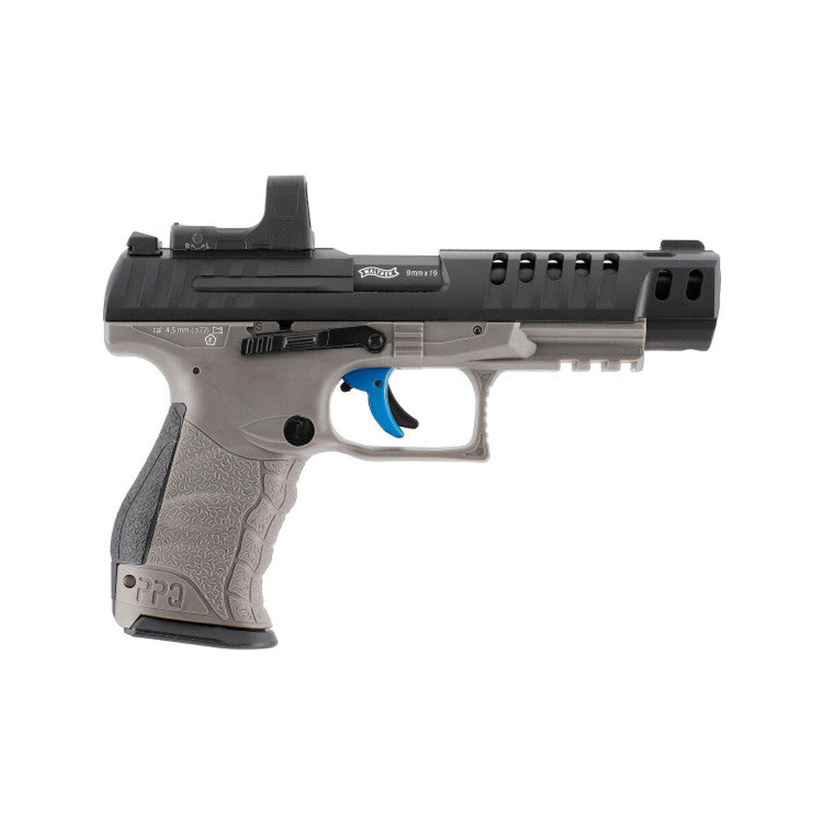 Walther Q5 Match Combo 5" CO2-Pistole, rechte Seite mit Umarex RDS 8, Schlittenfanghebel und F im Fünfeck