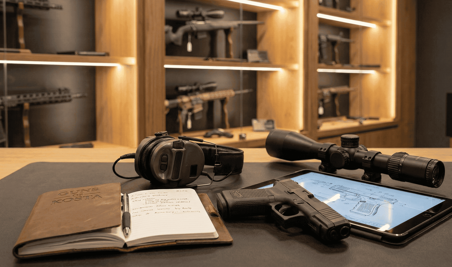 Detailaufnahme einer hochwertigen Sportwaffe mit Optik im Showroom von Guns of Kosta – Symbolbild für unser Fachsortiment.