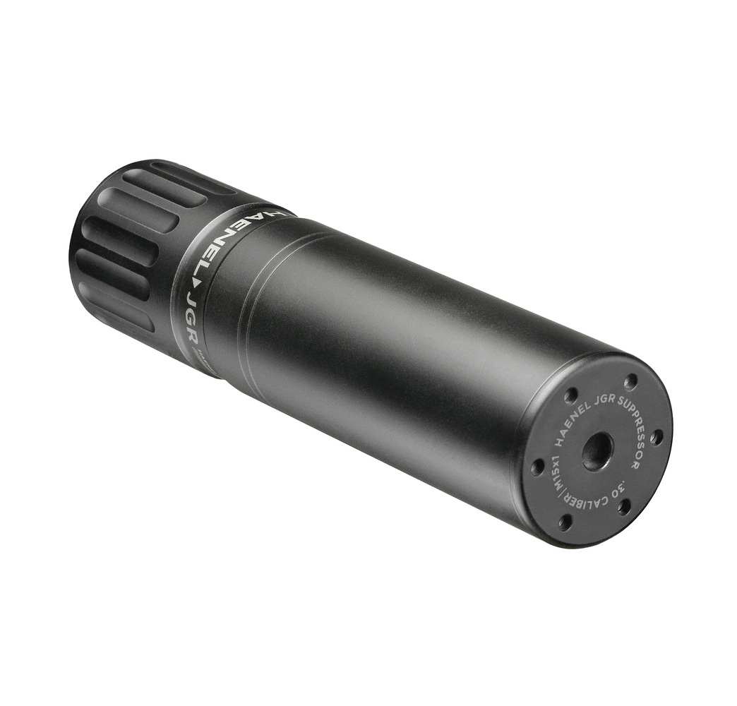Haenel JGR Suppressor Schalldämpfer Kaliber 30 in schwarzer, kompakter Bauform, seitlich liegend dargestellt