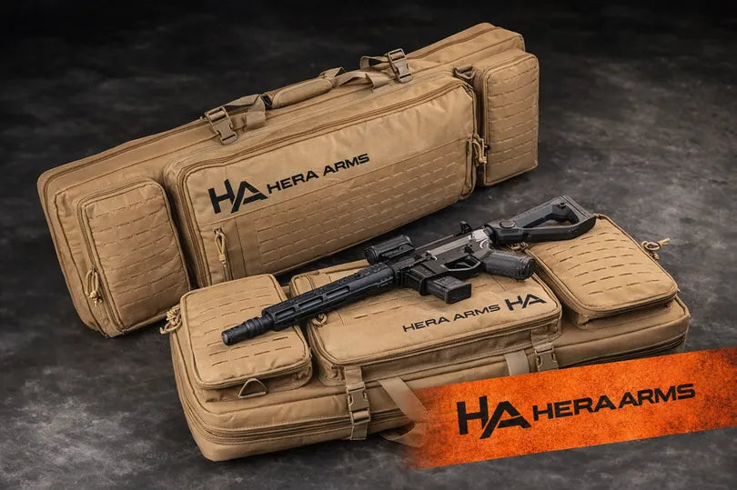 Hera Arms Langwaffenfutteral Lasermolle Long in TAN, Frontansicht vor weißem Hintergrund