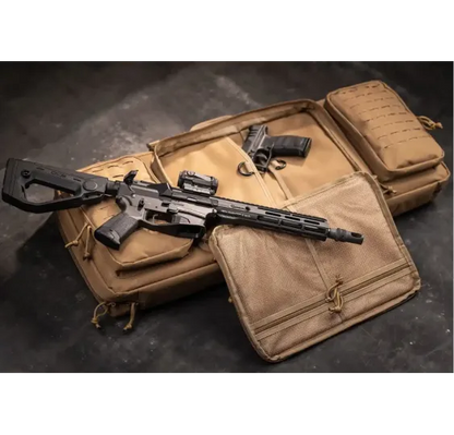 Hera Arms Langwaffenfutteral Lasermolle Short in TAN mit Gewehren beladen