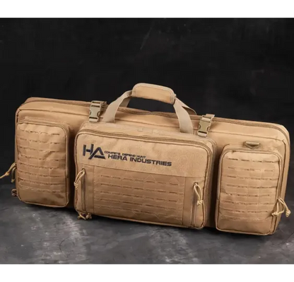 Hera Arms Langwaffenfutteral Lasermolle Short in TAN, geöffnet mit Inhalt