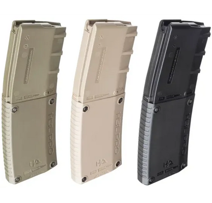 Hera Arms Magazin H3L PRO in drei Farben, Übersichtsansicht vor weißem Hintergrund