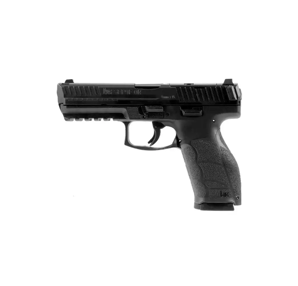Heckler und Koch SFP9 OR SF 9mm Pistole in rechter Seitenansicht mit schwarzem Griff vor weißem Hintergrund