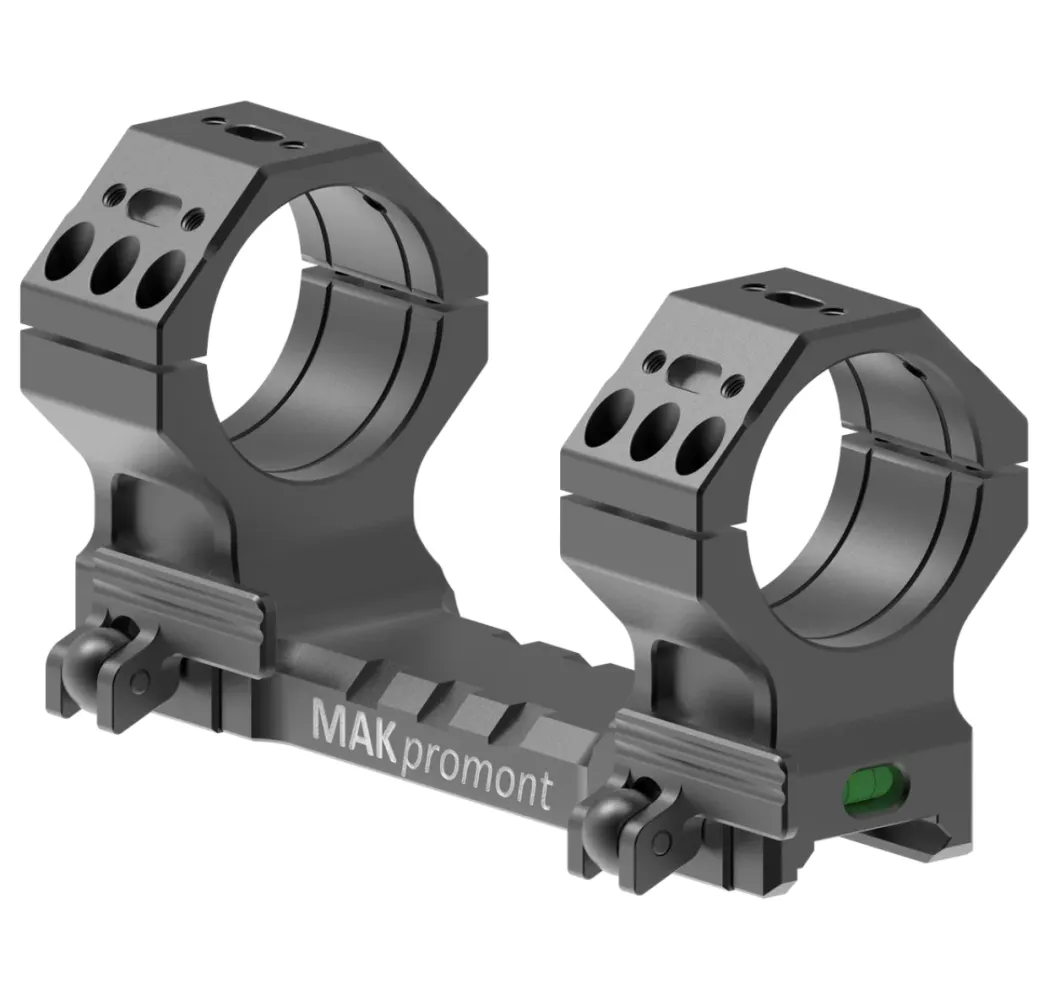 MAKpromont Monoblock-Montage aus 7075-T6 Aluminium mit Schnellspannhebel und integrierter Libelle, schräge 3D-Ansicht vor weissem Hintergrund
