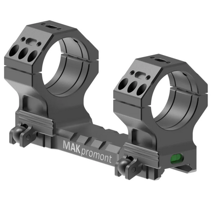 MAKpromont Monoblock-Montage aus 7075-T6 Aluminium mit Schnellspannhebel und integrierter Libelle, schräge 3D-Ansicht vor weissem Hintergrund