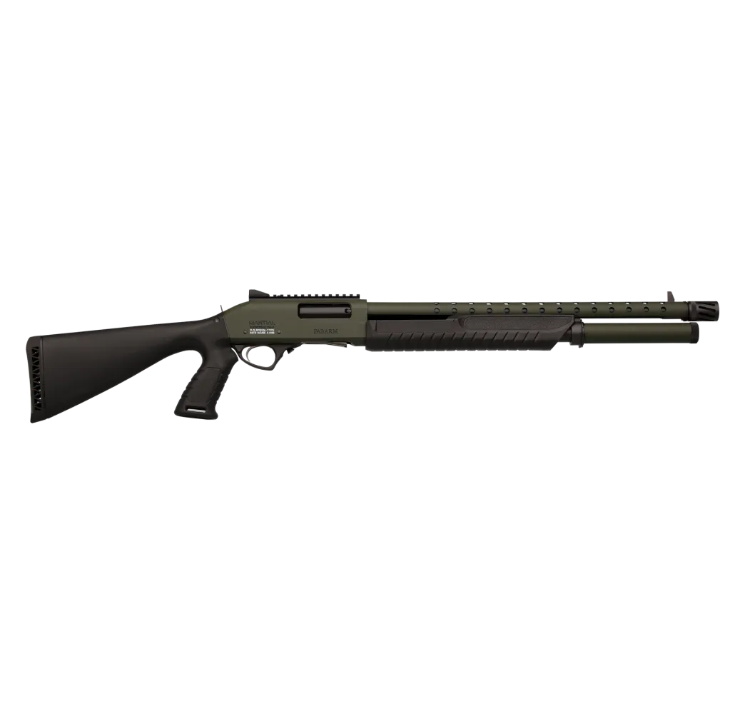 Fabarm PF Martial OD Green 20 Zoll Vorderschaftrepetierflinte mit Pistolengriff in Seitenansicht auf weißem Hintergrund
