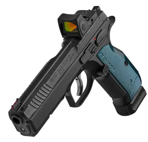 CZ Shadow 2 OR Optics Ready Sportpistole mit montiertem Red-Dot, Oberseite und Griff in schräger Rückansicht