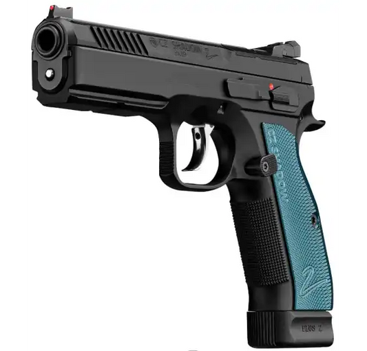 CZ Shadow 2 OR 9mm Sportpistole mit blauen Griffschalen, linke Seitenansicht vor weißem Hintergrund