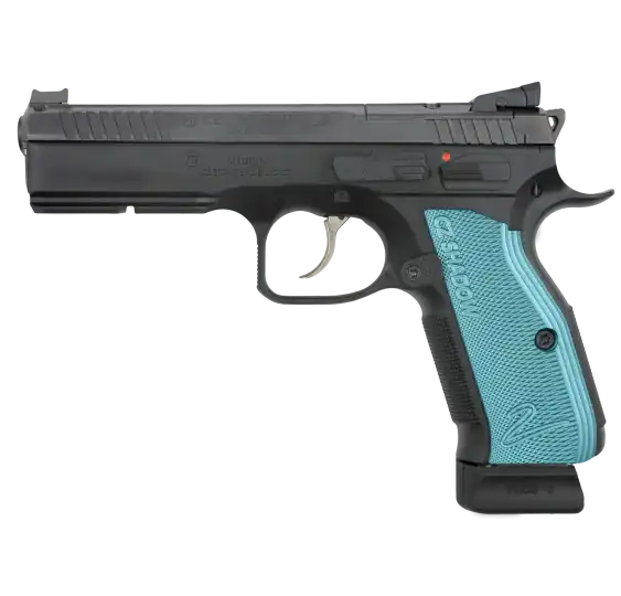 CZ Shadow 2 OR 9mm Pistole mit schwarzem Schlitten und blauen Griffschalen, linke Seitenansicht vor weißem Hintergrund