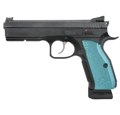 CZ Shadow 2 OR 9mm Pistole mit schwarzem Schlitten und blauen Griffschalen, linke Seitenansicht vor weißem Hintergrund